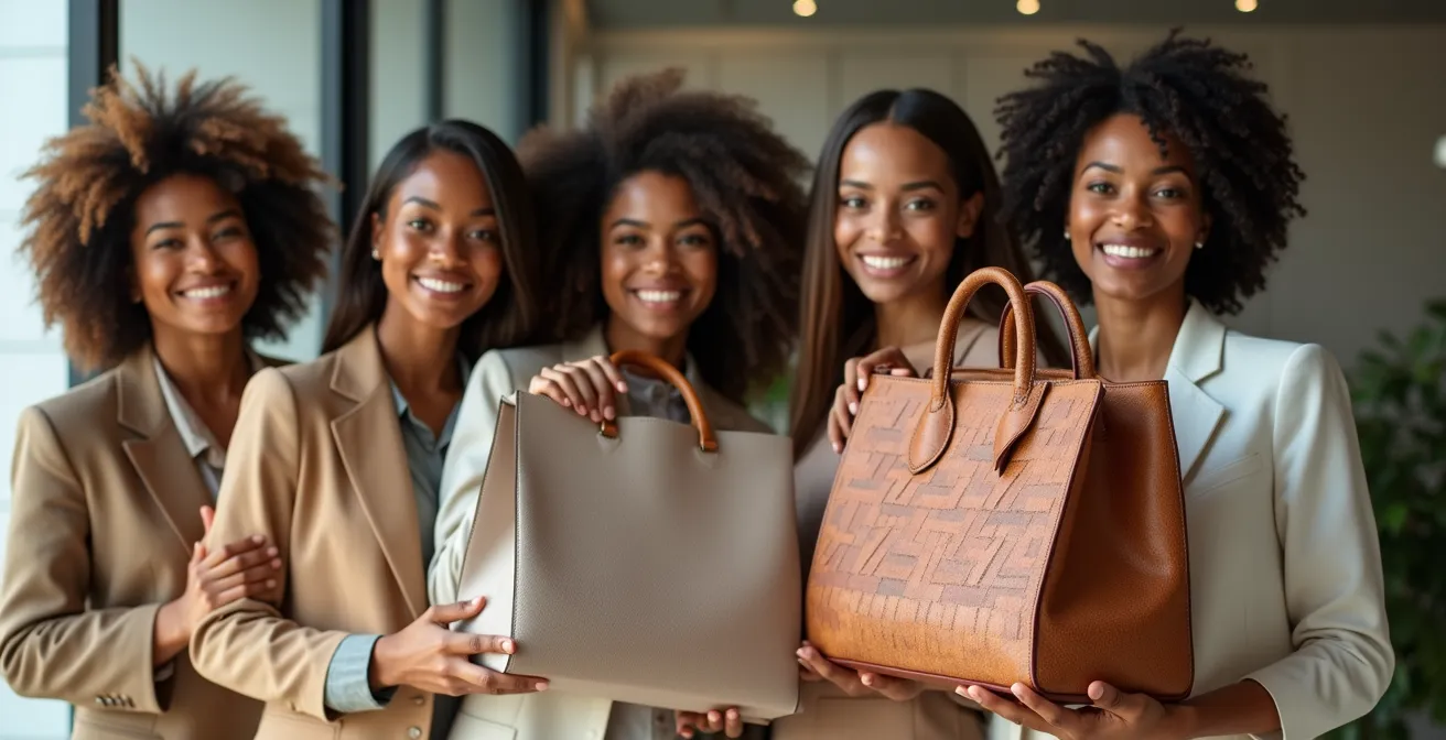 Équipe d'entreprise souriante brandissant fièrement des sacs éco-responsables lors d'un événement corporate