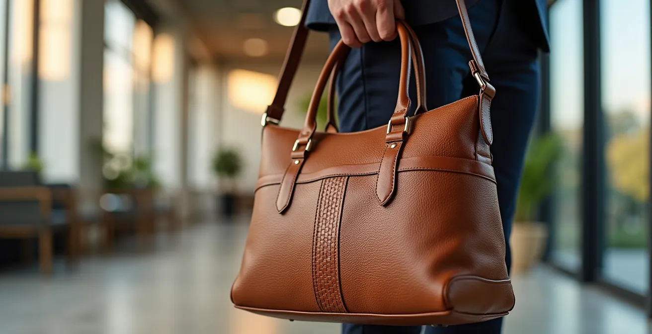 Sac professionnel éco-conçu au design raffiné intégré harmonieusement dans un environnement de travail moderne