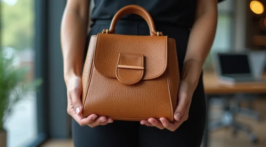 Représentation visuelle d'un dirigeant d'entreprise tenant avec confiance un sac éco-responsable élégant au design moderne