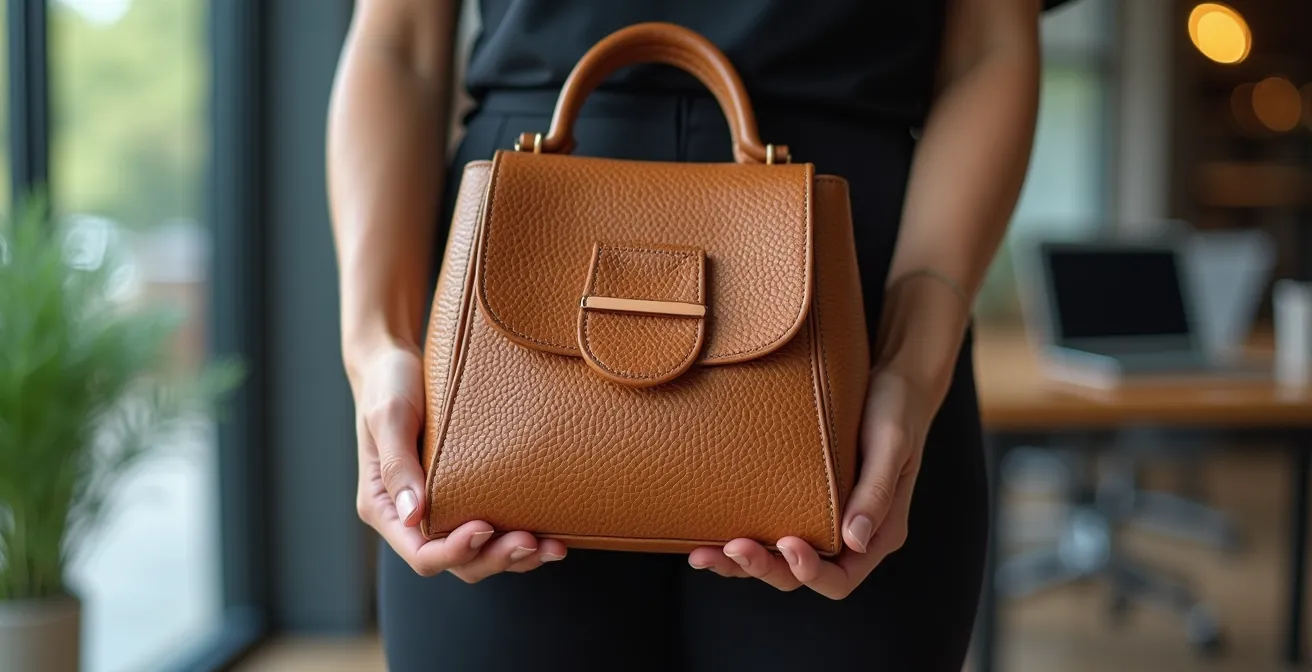 Représentation visuelle d'un dirigeant d'entreprise tenant avec confiance un sac éco-responsable élégant au design moderne