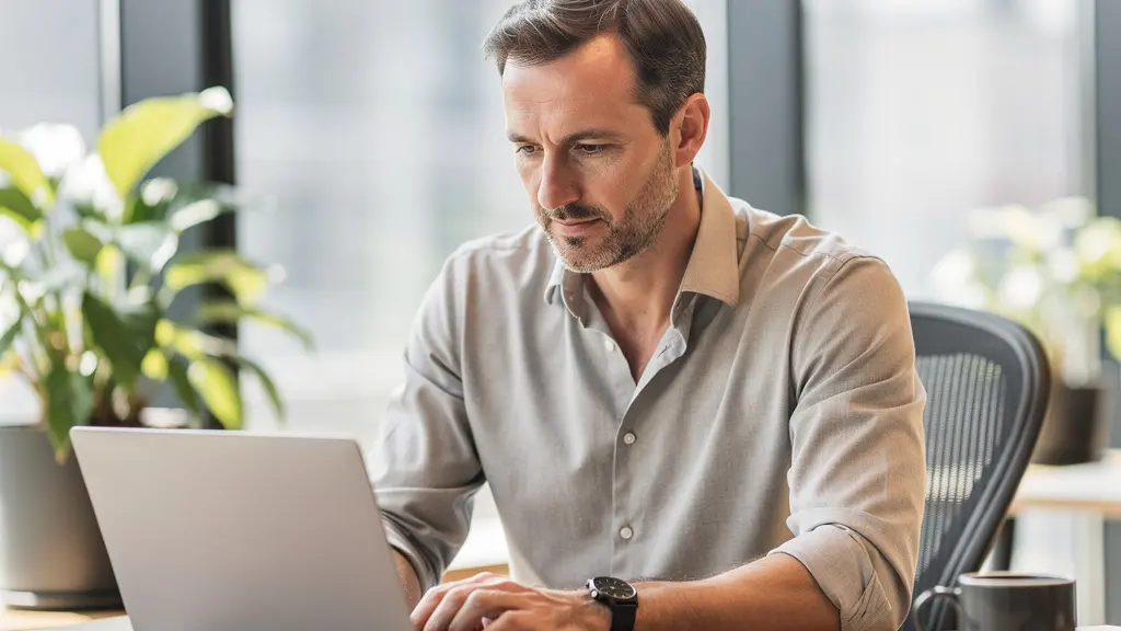 Consultant en portage salarial travaillant sur ordinateur dans espace coworking lumineux