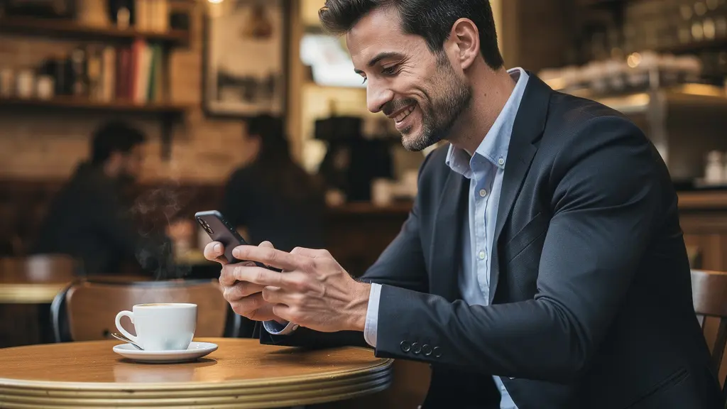 Consultant vérifiant son bulletin de salaire sur smartphone dans un café parisien