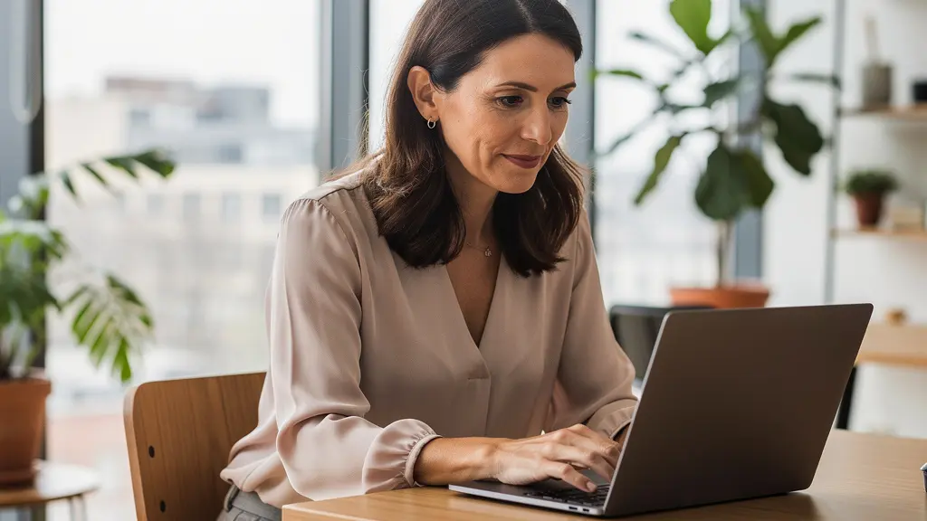 Consultante indépendante travaillant sereinement sur ordinateur portable dans espace de coworking lumineux
