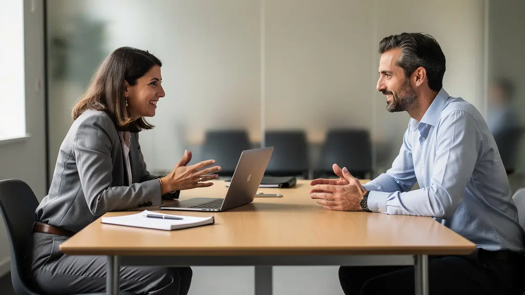 Deux professionnels discutant sereinement autour d'une table de réunion moderne