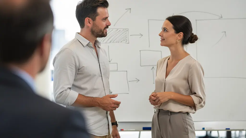 Deux professionnels discutant des statuts juridiques devant un tableau blanc